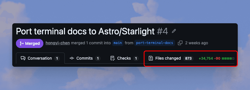 PR called "Port terminal docs to Astro/Starlight." 873 files changed, 34754 lines added.