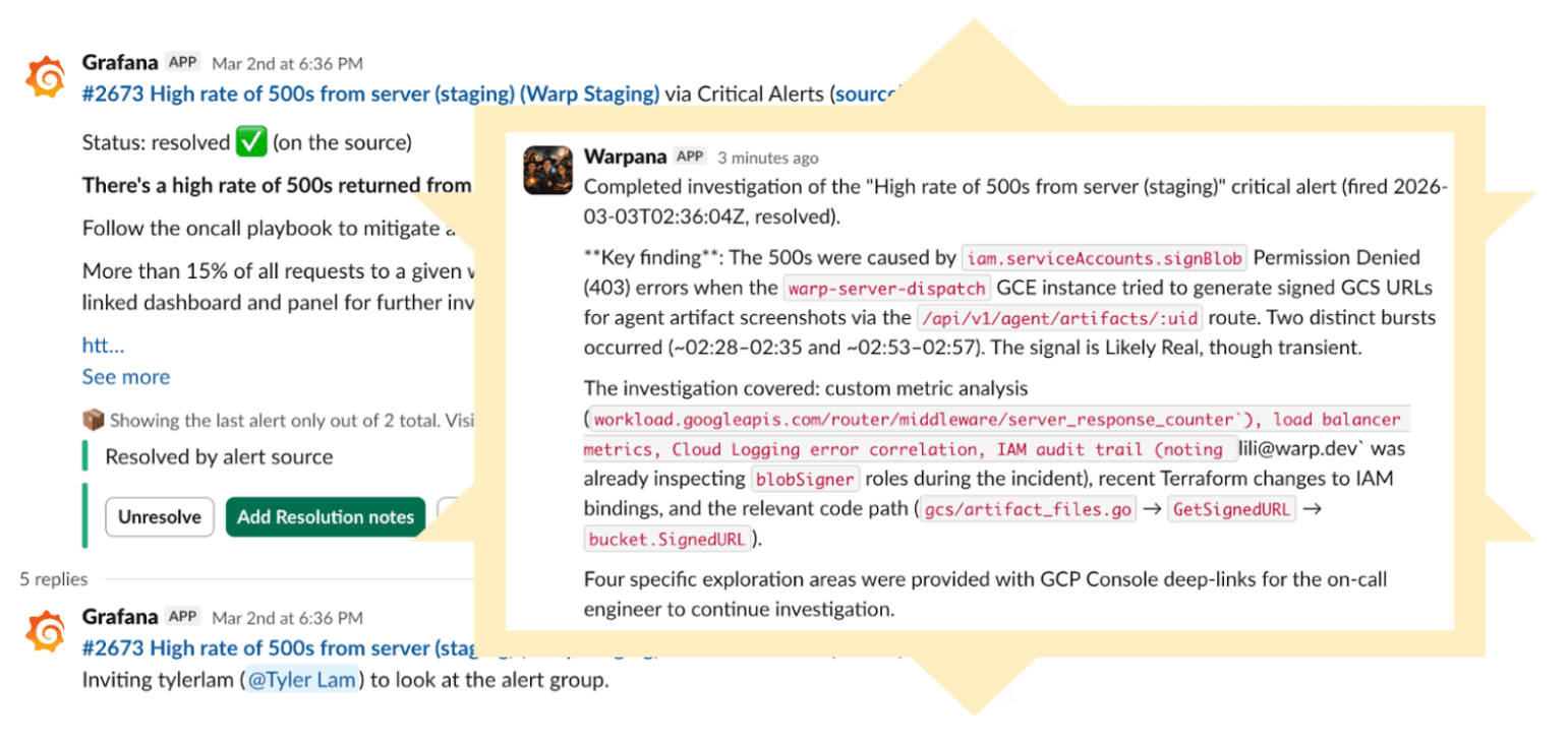 Grafana alert labeled "high rate of 500s from server staging" with comment from Warpana in overlay saying it completed the investigation with key findings outlined