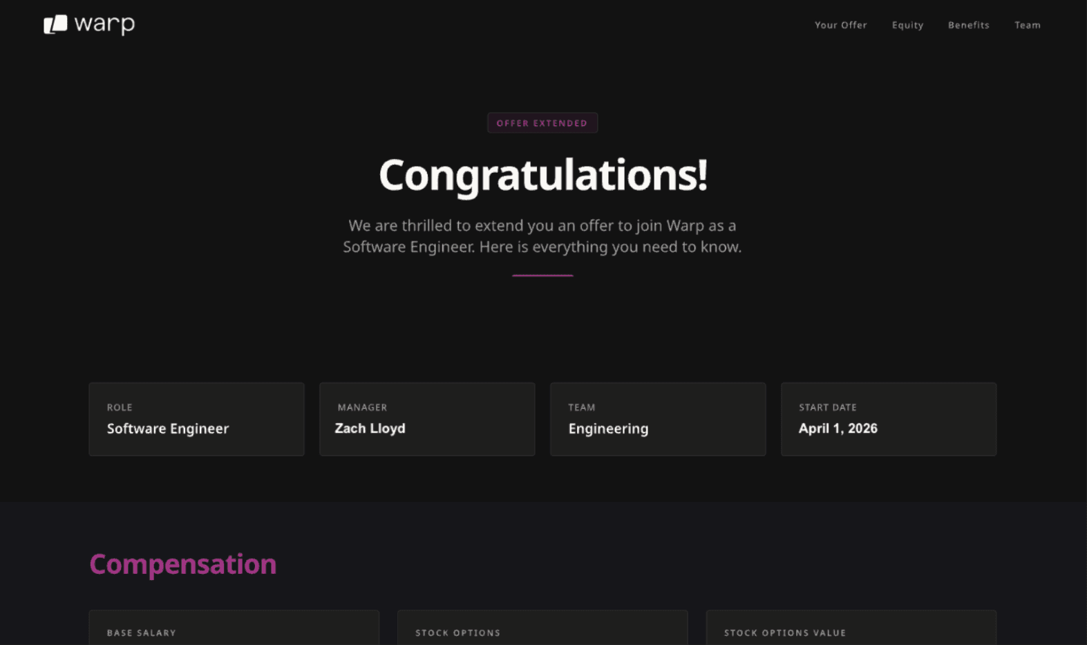 Offer letter from Warp showing congratulations, role details, and compensation boxes for base salary and stock