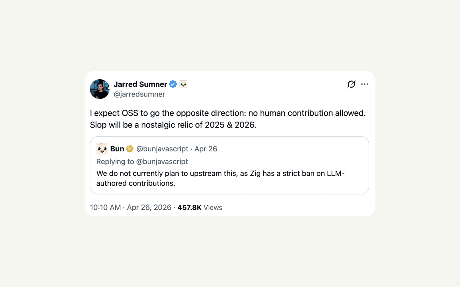Screenshot of a tweet about agent infrastructure managing code better than humans