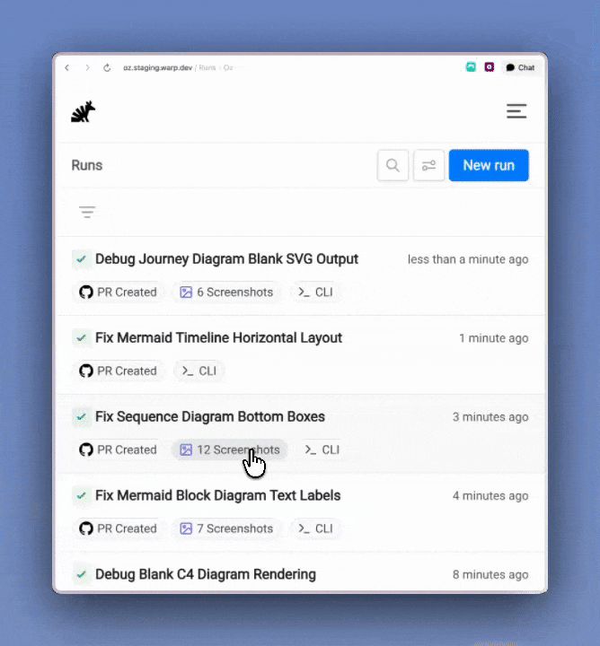 Oz agent run with 12 screenshots button, clicking reveals a carousel of diagram screenshots for a mermaid diagram builder