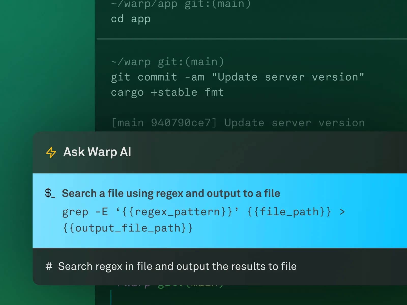 A terminal window with Warp AI providing a command to search a file using regex and output the results to a file. The background has a green gradient effect.