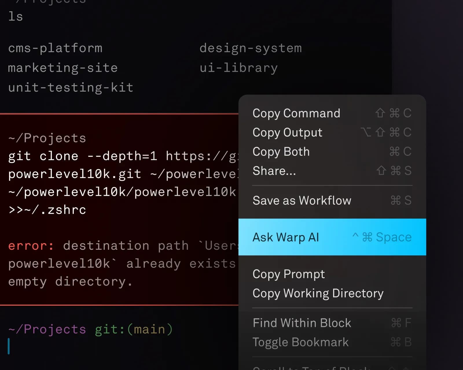 Warp terminal window with a context menu open, highlighting the "Ask Warp AI" option for assistance with a Git clone command error.