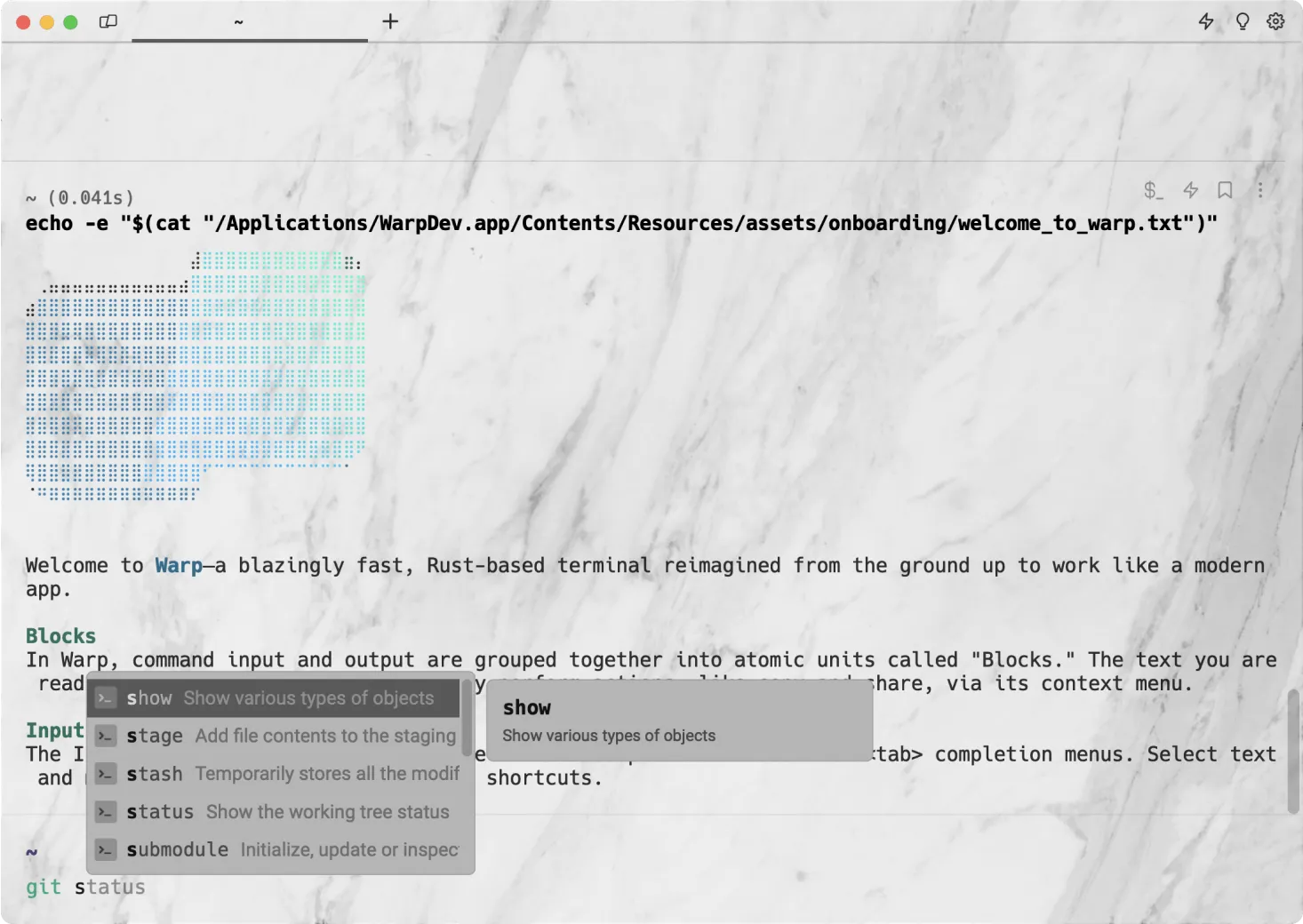 Warp running the Lux Marble theme