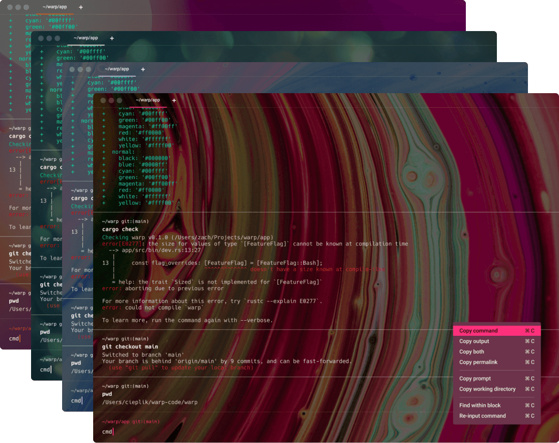 Warp syntax highlighting in action