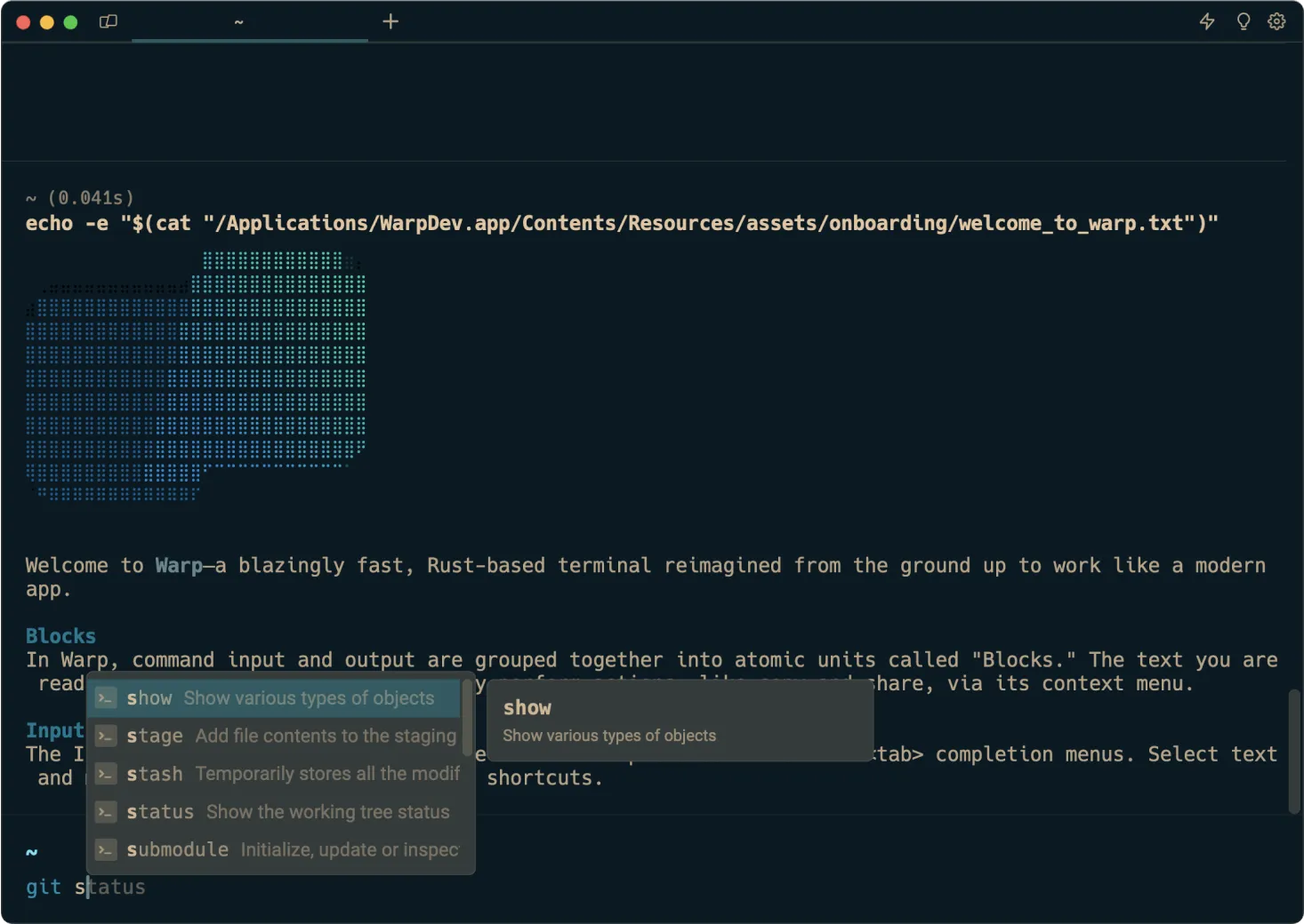 Warp running the Solarized Dark theme