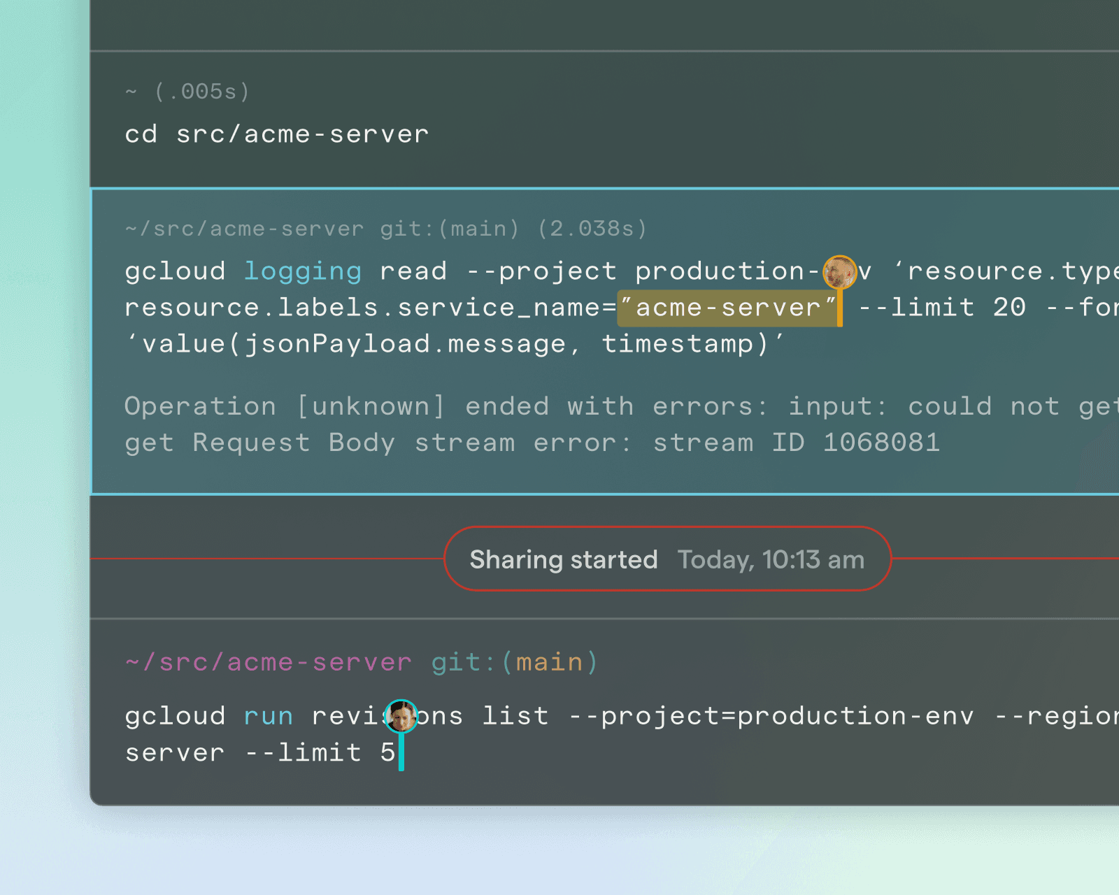 Multiplayer cursors in a shared Warp terminal session
