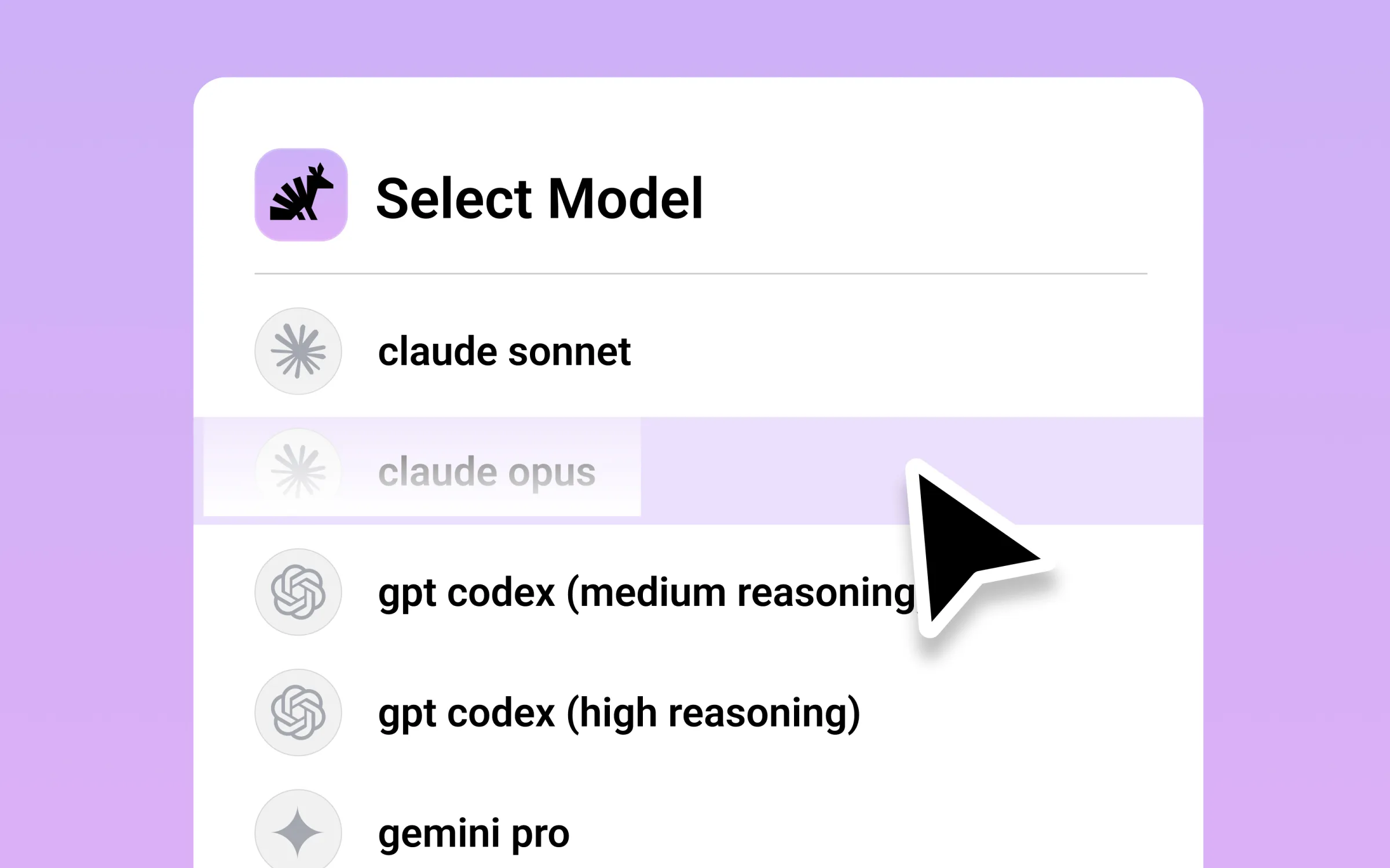 Model picker showing Claude Sonnet, Claude Opus, GPT Codex, and Gemini Pro