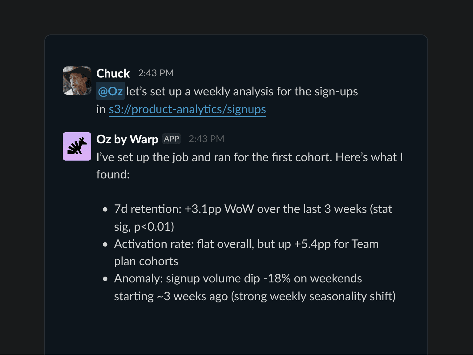 Slack conversation with Oz summarizing weekly signup analysis