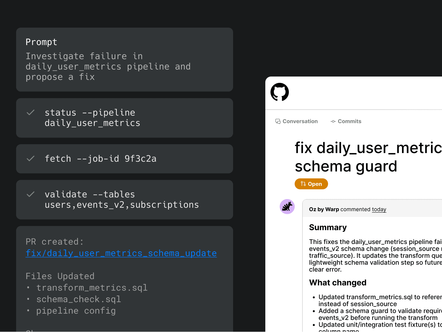 Pipeline investigation workflow with draft fix summary