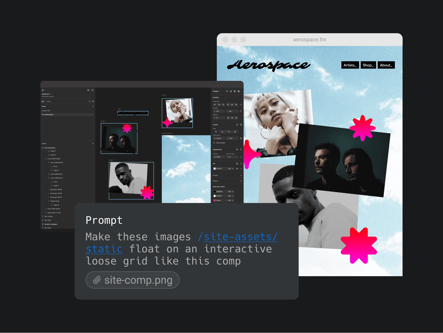 Prompt to build a floating asset grid with design files