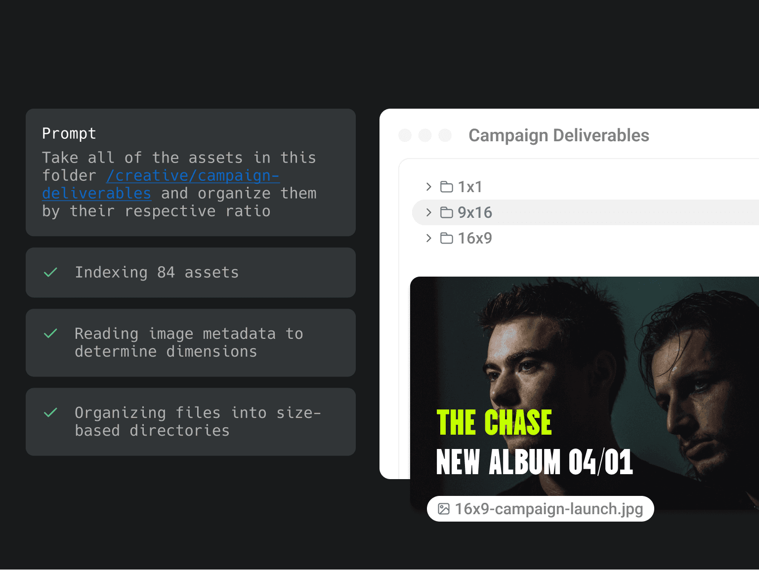 Campaign assets organized by ratio after an automated prompt