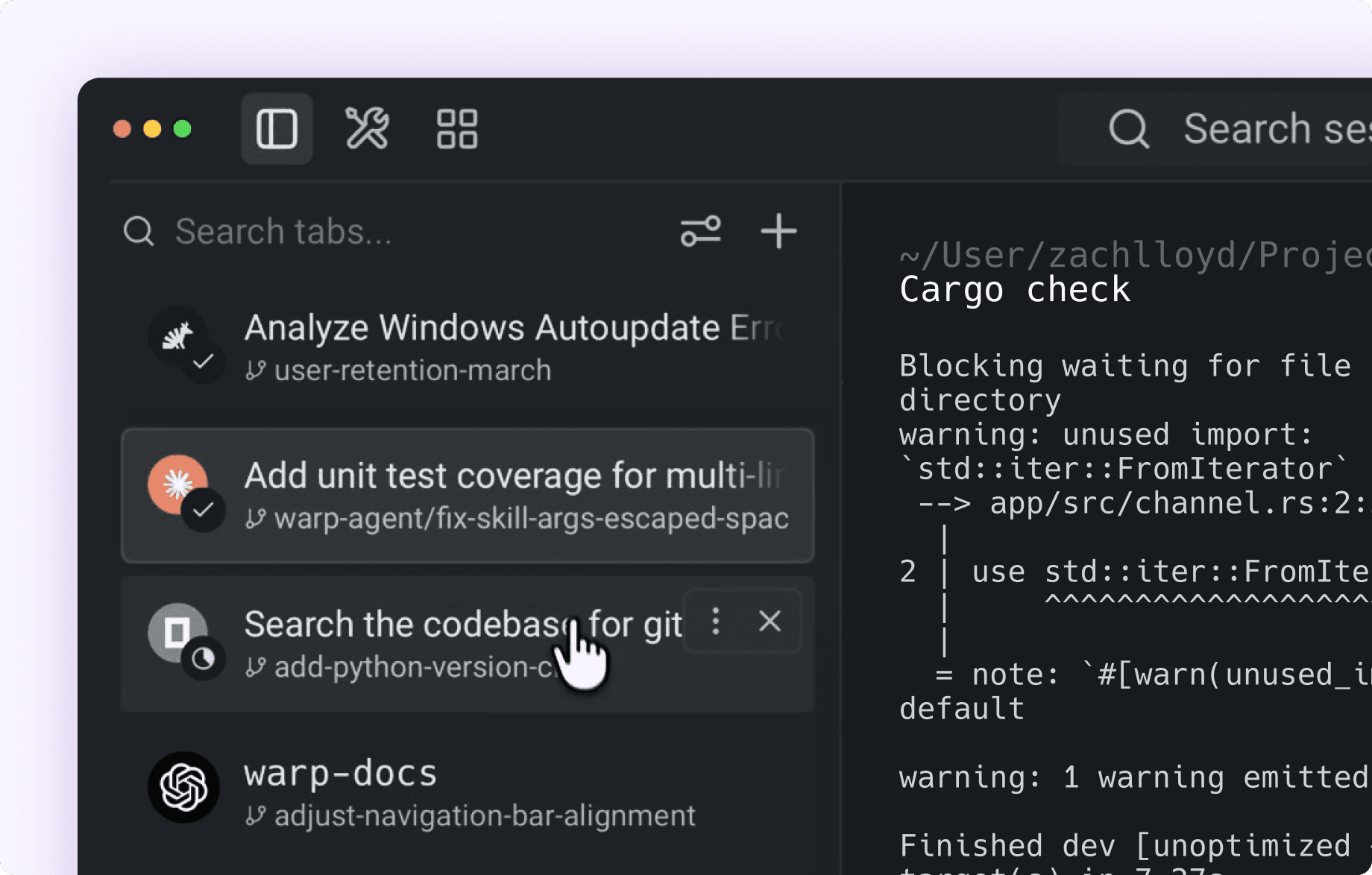 Warp terminal agent workflow