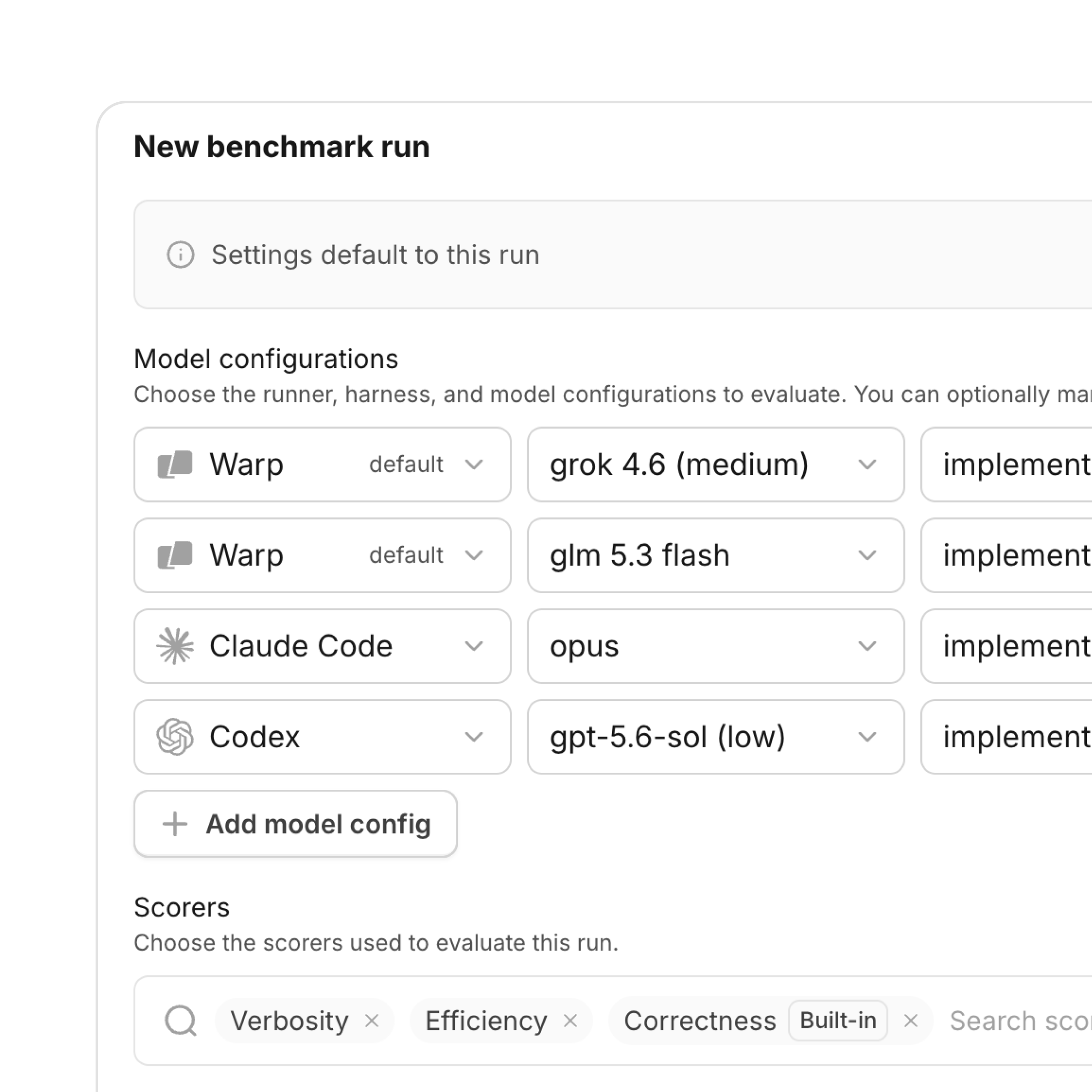 Setting up a new benchmark run across several model, harness, and scorer configurations.