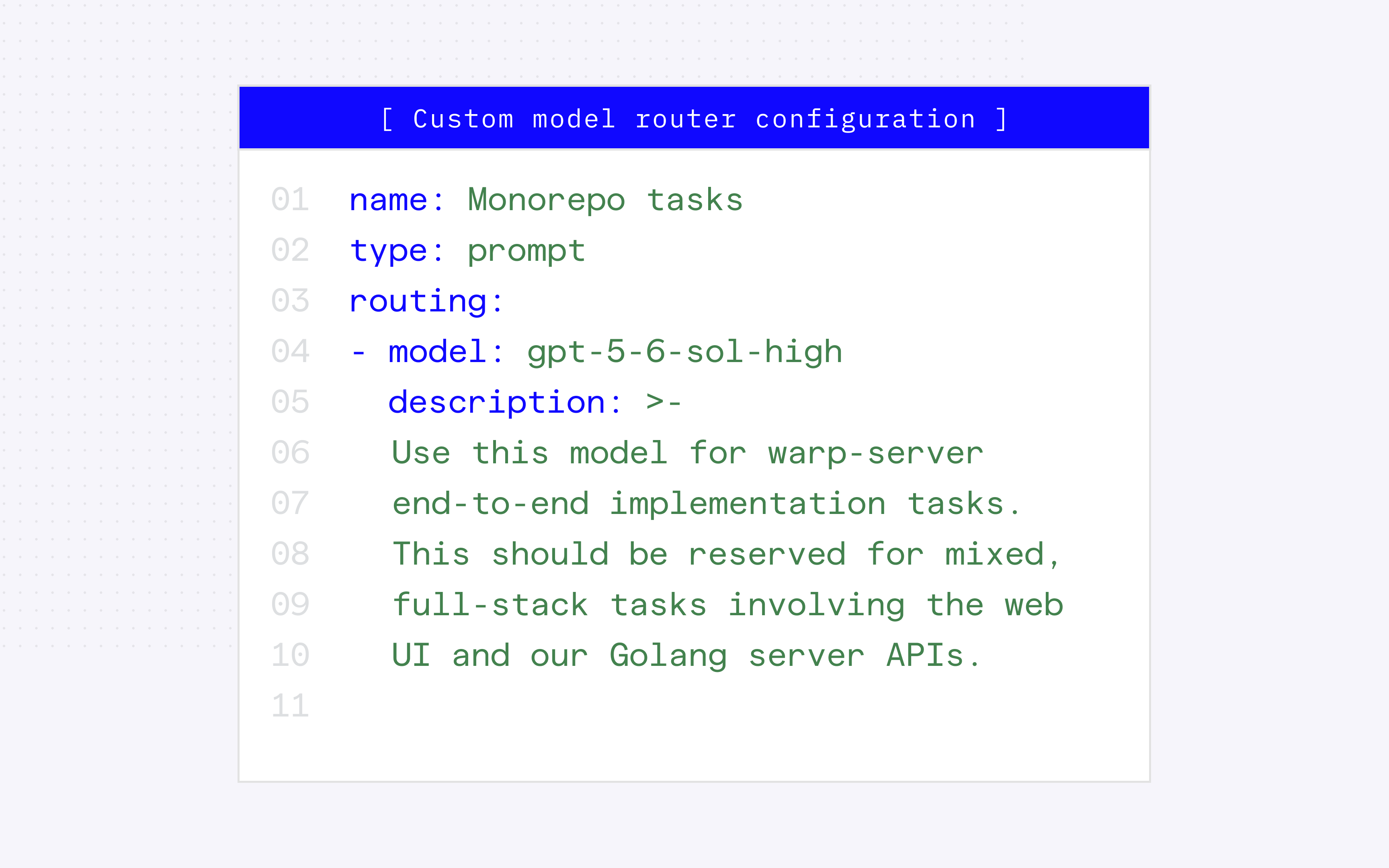 A custom model router configuration named Monorepo tasks, routing to gpt-5-6-sol-high for mixed, full-stack warp-server tasks involving the web UI and Golang server APIs.