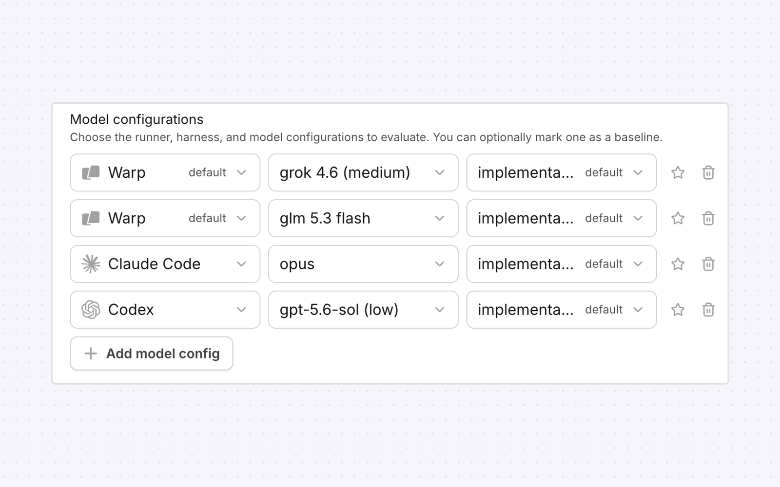 The benchmark's model configurations: Warp with grok 4.6 (medium) and glm 5.3 flash, Claude Code with opus, and Codex with gpt-5.6-sol (low), each running the implementation agent.