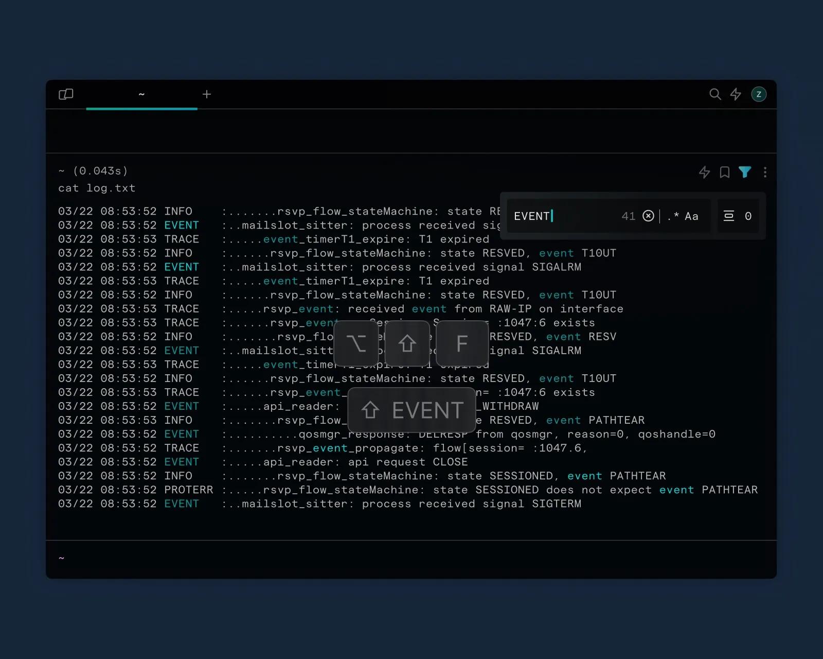 A terminal window displaying a log file with timestamps and various log entries. The background is dark blue.