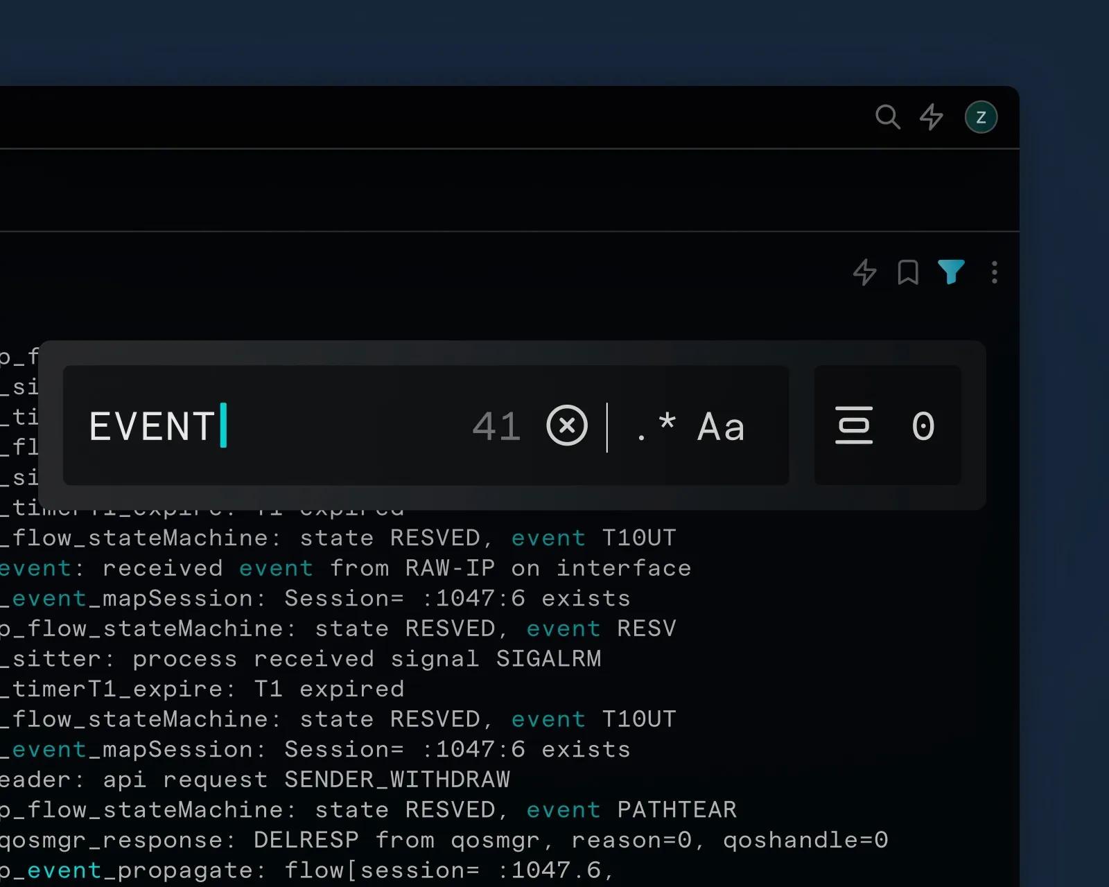 A terminal window showing a search bar with the term "EVENT" highlighted, and log entries displayed below. The background is dark blue.